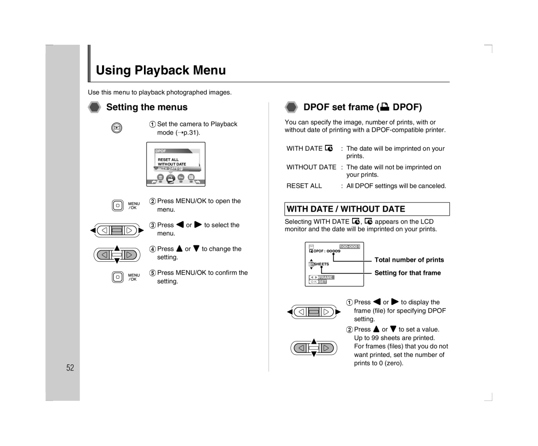 FujiFilm A600 Using Playback Menu, Dpof set frame u Dpof, Reset ALL, Total number of prints Setting for that frame 