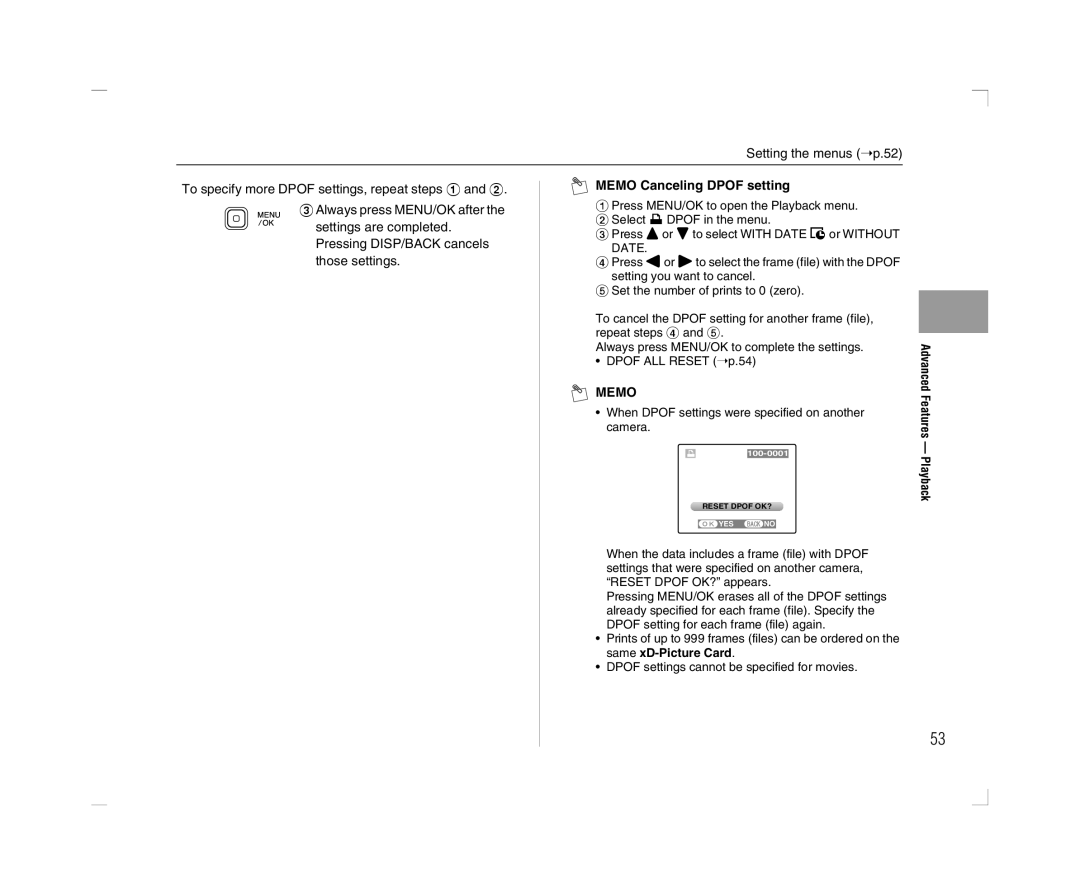 FujiFilm A600 Memo Canceling Dpof setting, When Dpof settings were specified on another camera, Advanced Features Playback 