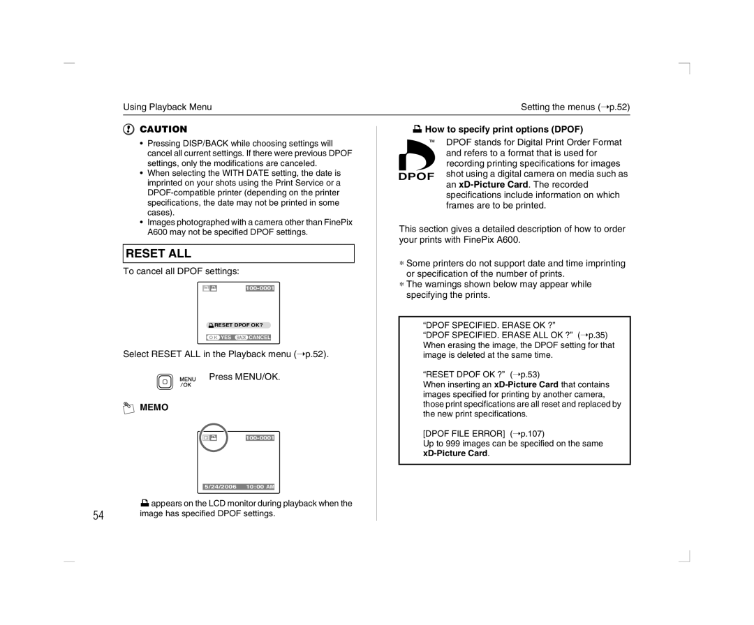 FujiFilm A600 owner manual How to specify print options Dpof, Dpof SPECIFIED. Erase OK ?, XD-Picture Card 