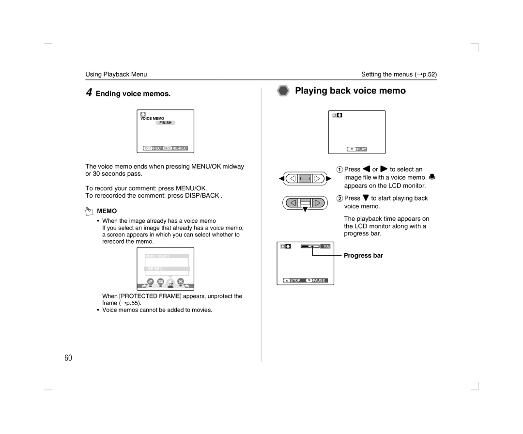 FujiFilm A600 owner manual Playing back voice memo, Ending voice memos, Progress bar 