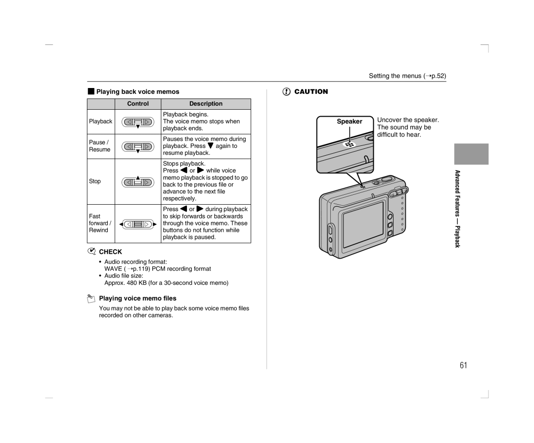 FujiFilm A600 owner manual ZPlaying back voice memos Control Description, Playing voice memo files, Speaker 