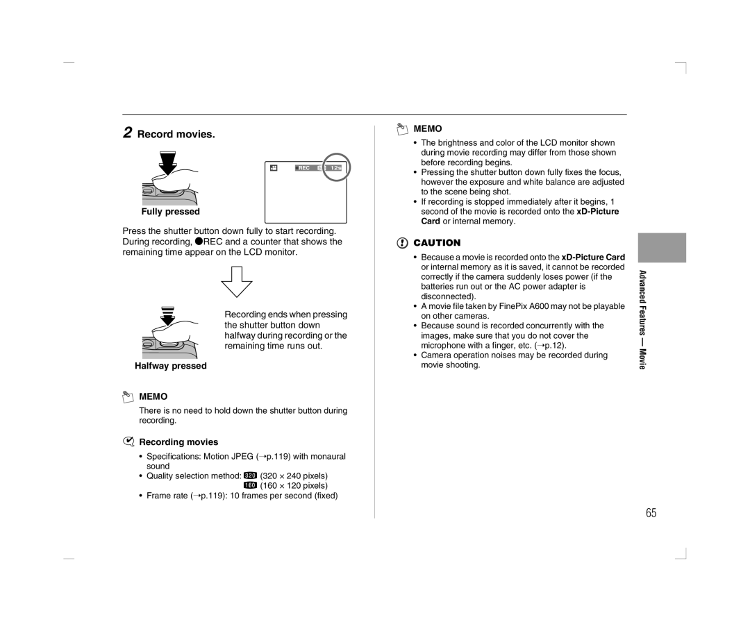 FujiFilm A600 owner manual Record movies, Recording movies 