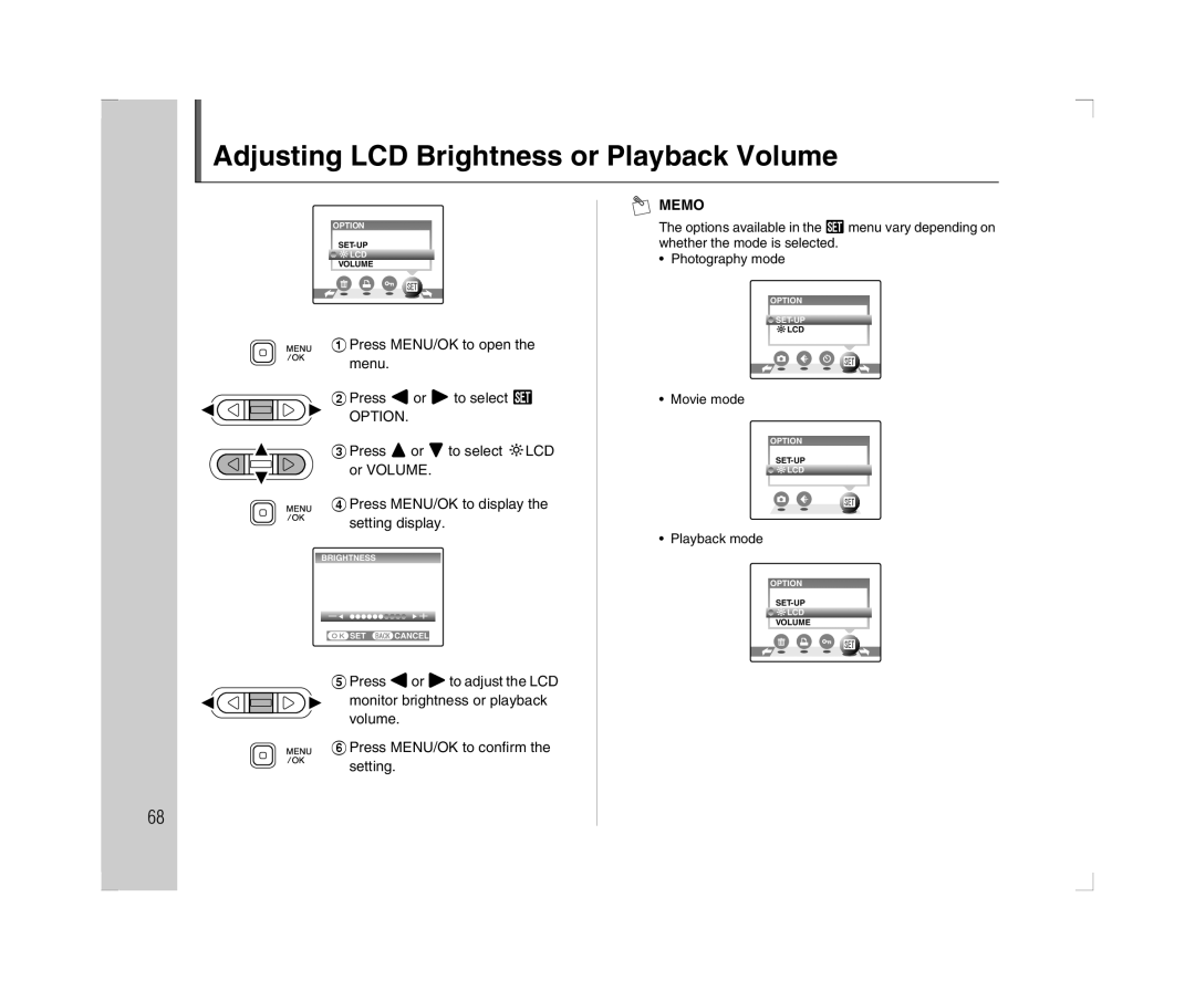 FujiFilm A600 owner manual Adjusting LCD Brightness or Playback Volume, Movie mode, Playback mode 