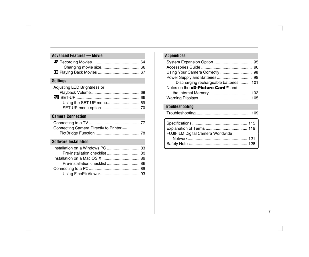 FujiFilm A600 Advanced Features Movie, Settings, Camera Connection, Software Installation, Appendices, Troubleshooting 