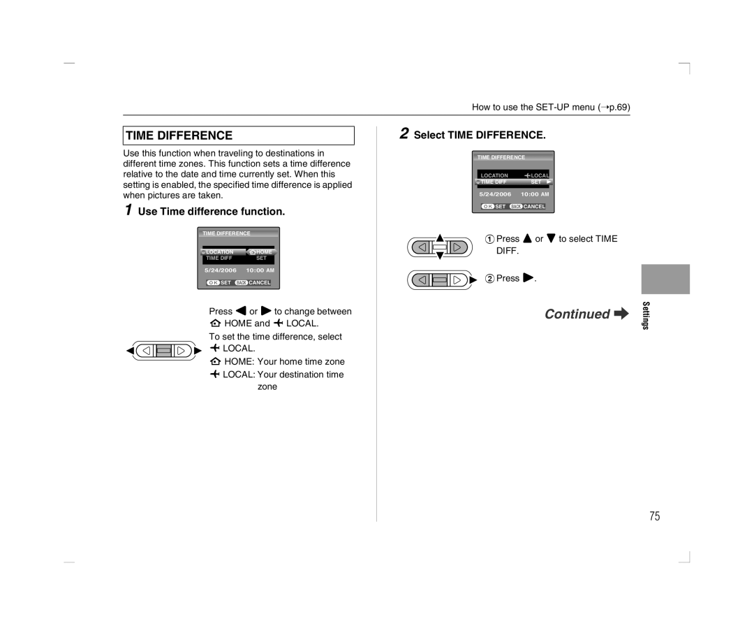 FujiFilm A600 owner manual Use Time difference function, Select Time Difference, Ilocal 