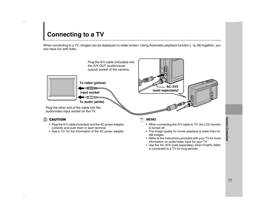 FujiFilm A600 owner manual Connecting to a TV, Connection 