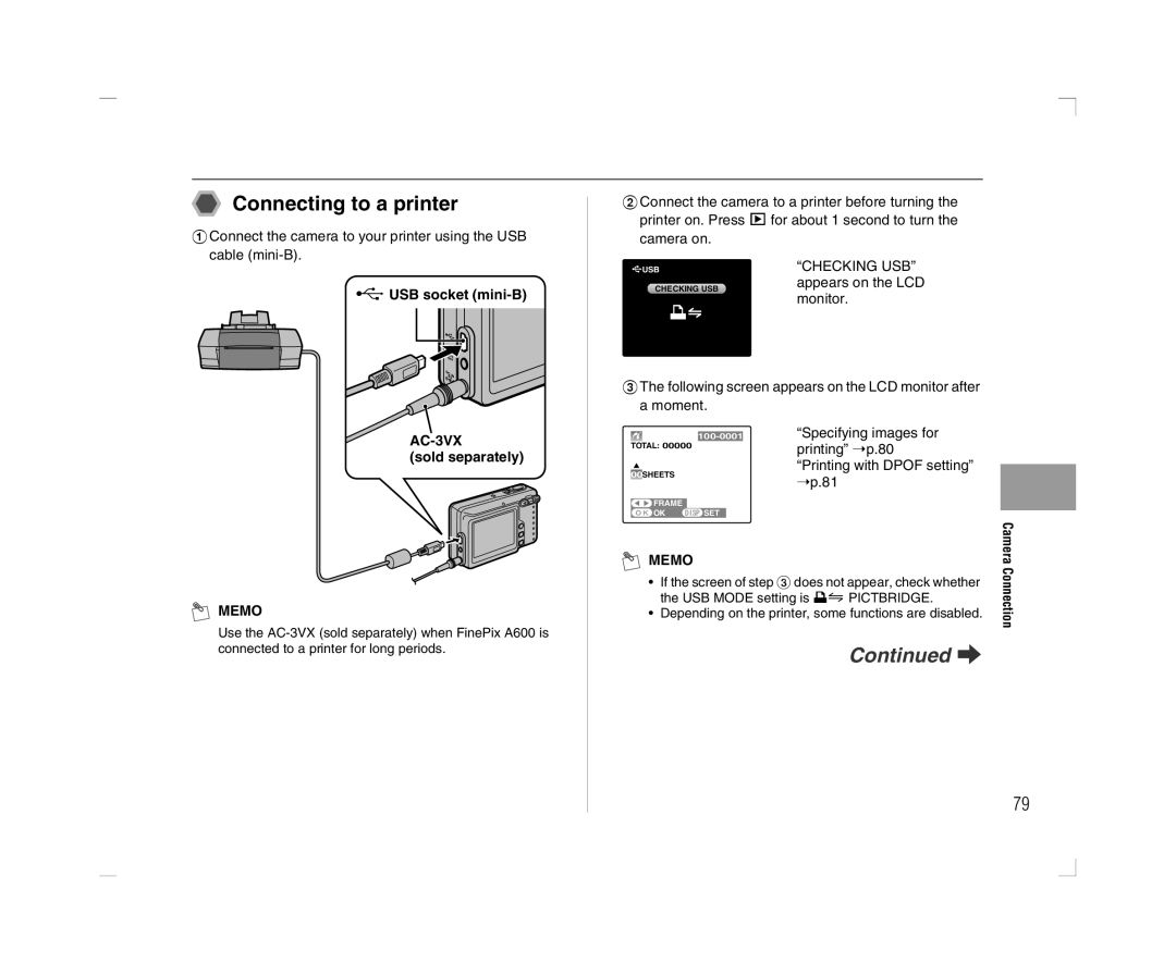 FujiFilm A600 owner manual Connecting to a printer, USB socket mini-B, Sold separately, Checking USB, Monitor 