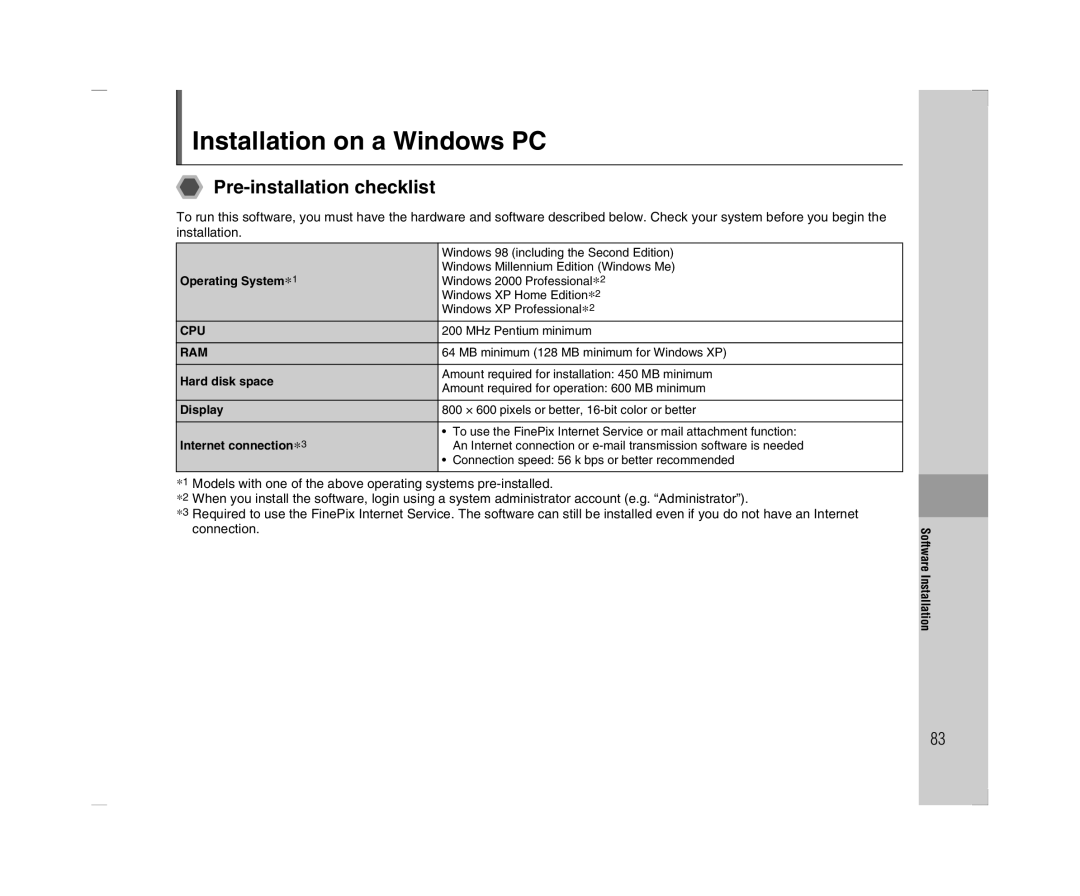 FujiFilm A600 owner manual Installation on a Windows PC, Pre-installation checklist, Operating System*1, Hard disk space 