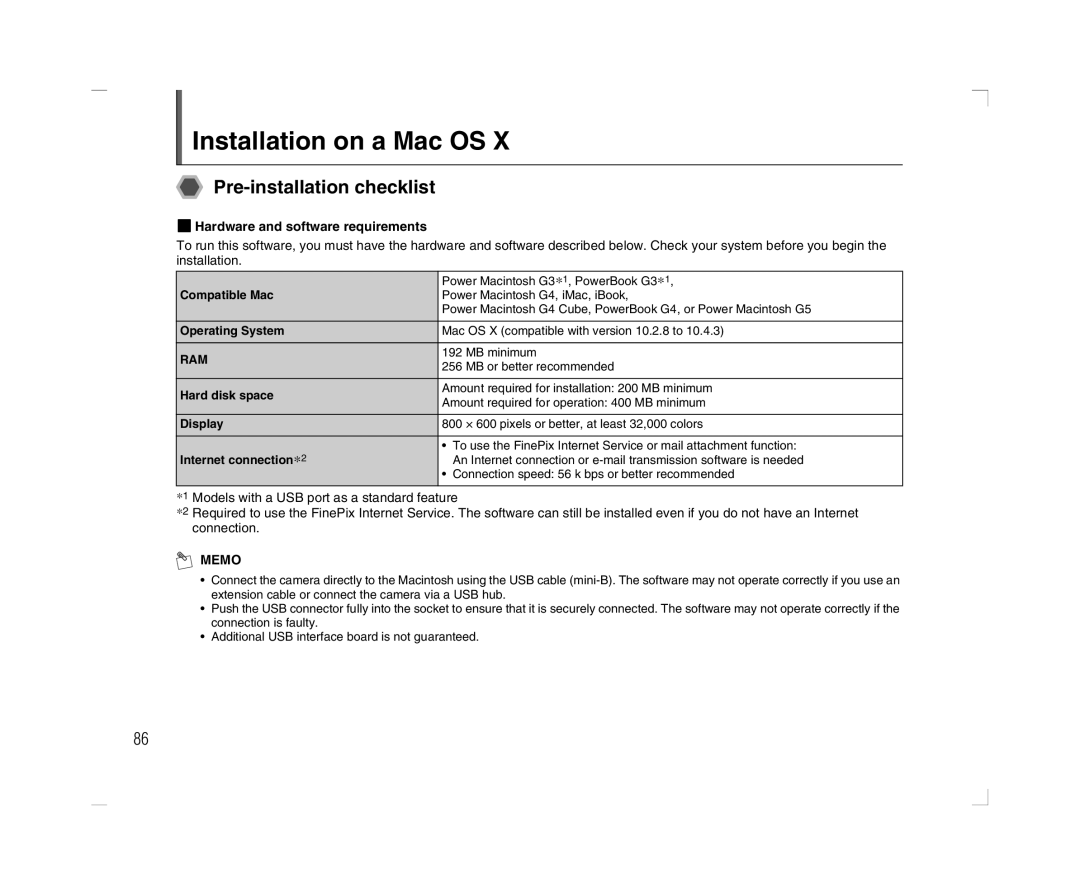 FujiFilm A600 Installation on a Mac OS, ZHardware and software requirements, Compatible Mac, Internet connection*2 