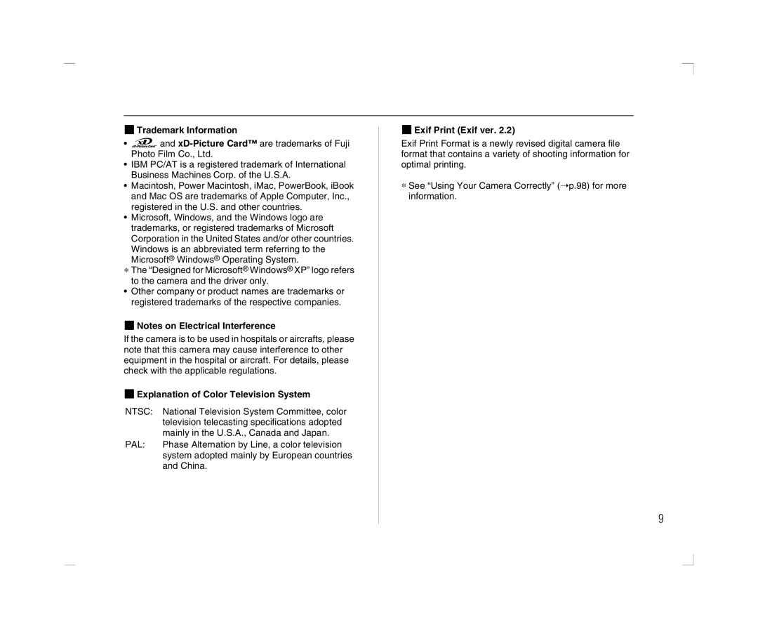 FujiFilm A600 ZTrademark Information, ZNotes on Electrical Interference, ZExplanation of Color Television System, Pal 