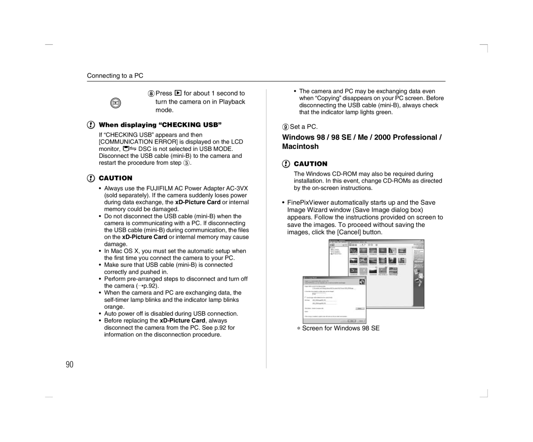 FujiFilm A600 owner manual Windows 98 / 98 SE / Me / 2000 Professional / Macintosh, When displaying Checking USB 