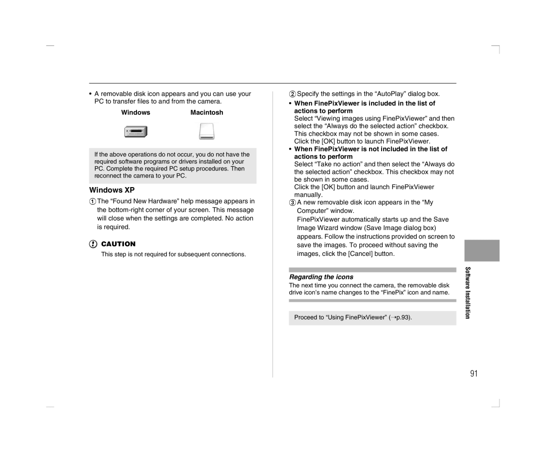 FujiFilm A600 owner manual Windows XP, WindowsMacintosh, Regarding the icons, Proceed to Using FinePixViewer p.93 