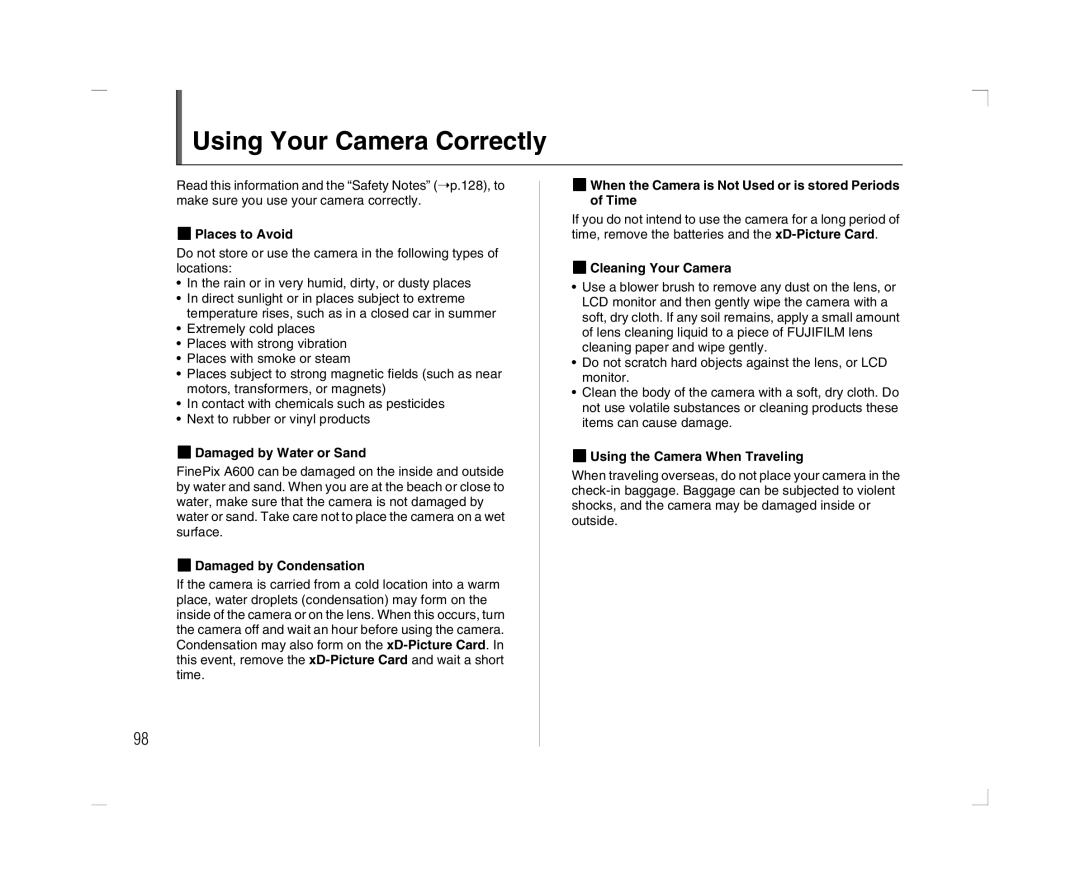 FujiFilm A600 Using Your Camera Correctly, ZPlaces to Avoid, ZWhen the Camera is Not Used or is stored Periods of Time 