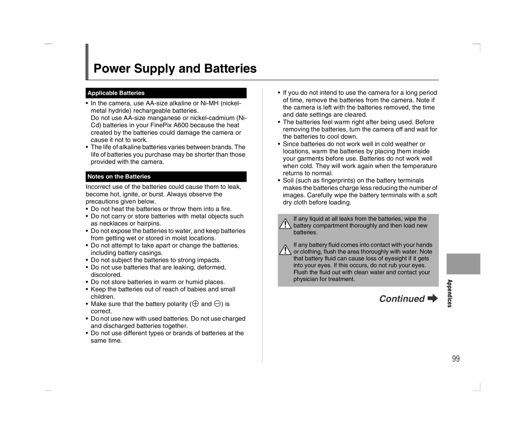 FujiFilm A600 owner manual Power Supply and Batteries, Applicable Batteries 