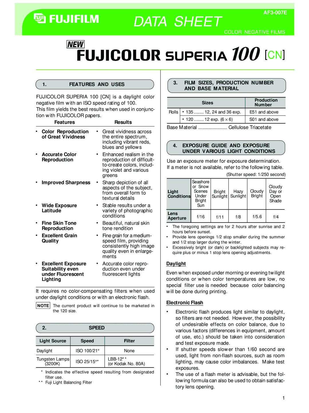 FujiFilm AF3-007E manual Features and Uses, Film SIZES, Production Number and Base Material 