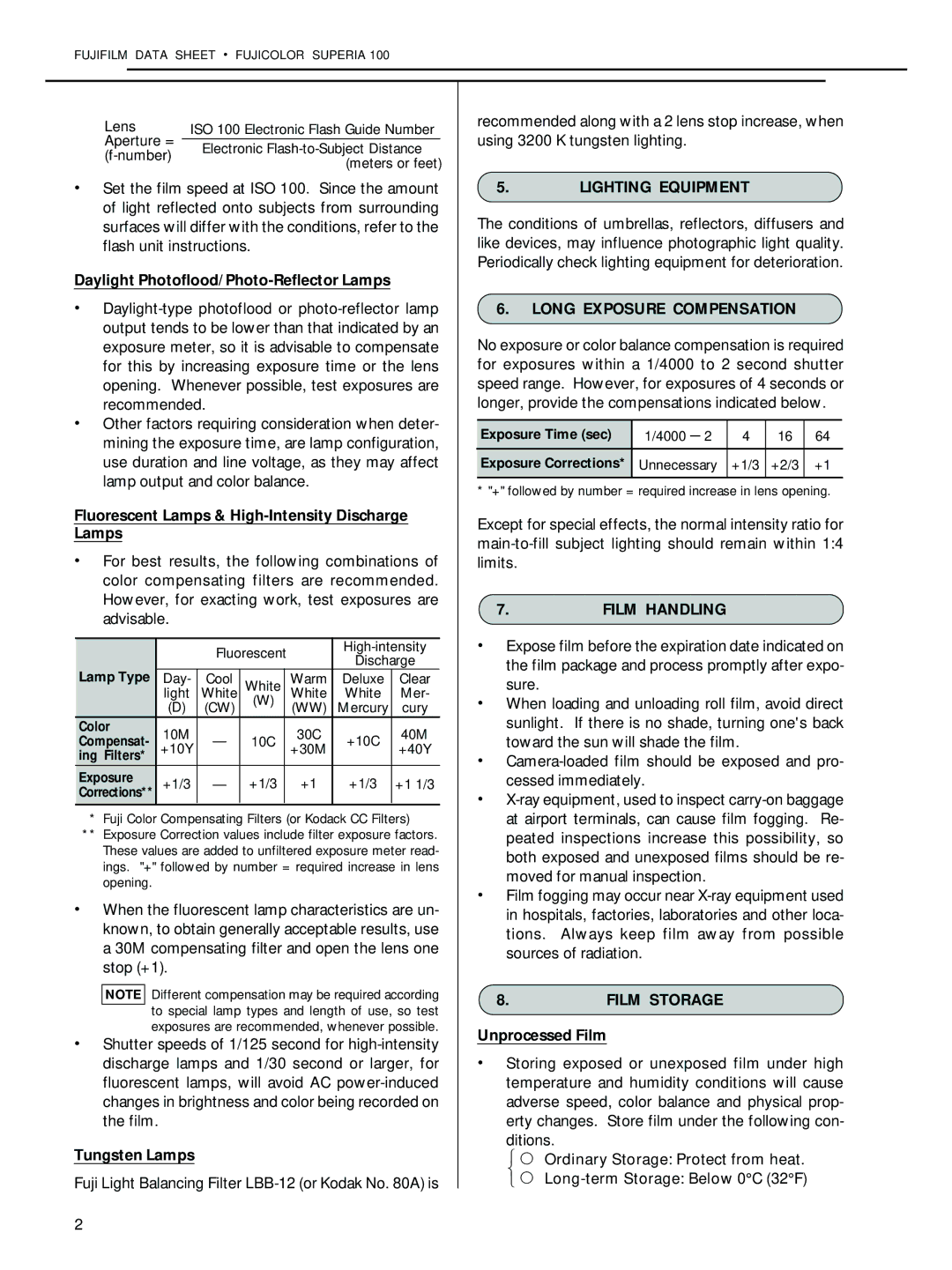 FujiFilm AF3-007E manual Lighting Equipment, Long Exposure Compensation, Film Handling, Film Storage 
