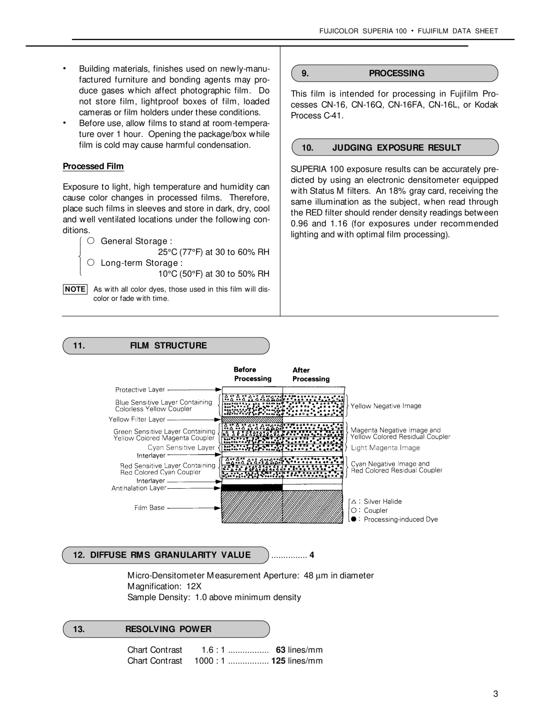 FujiFilm AF3-007E manual Processed Film, Processing, Judging Exposure Result, Film Structure Diffuse RMS Granularity Value 