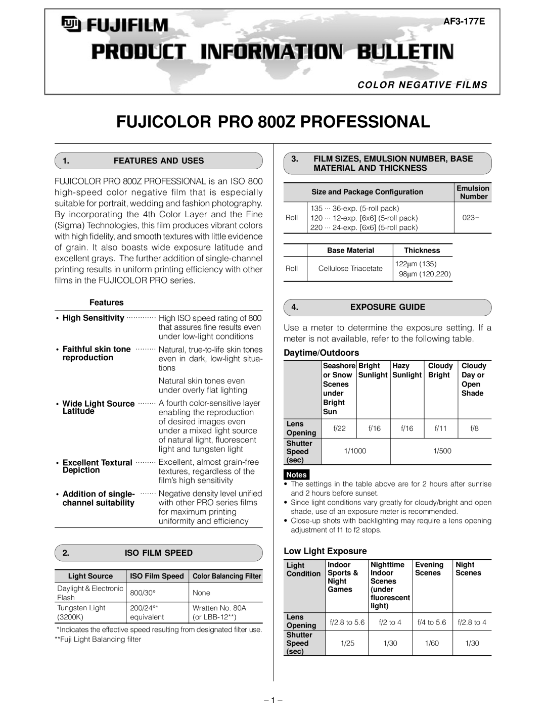 FujiFilm AF3-177E manual Daytime/Outdoors, Low Light Exposure 