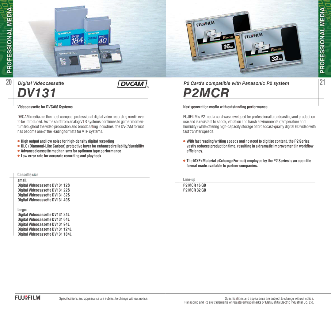 FujiFilm AVR-4802 manual DV131, P2MCR, Videocassette for Dvcam Systems, Next generation media with outstanding performance 