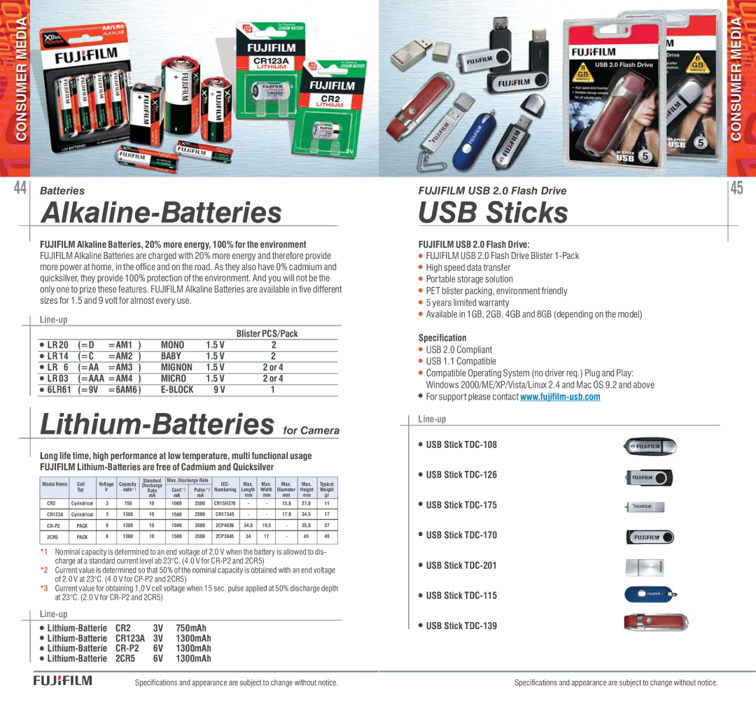 FujiFilm AVR-4802 manual Alkaline-Batteries, Lithium-Batteries for Camera, USB Sticks 