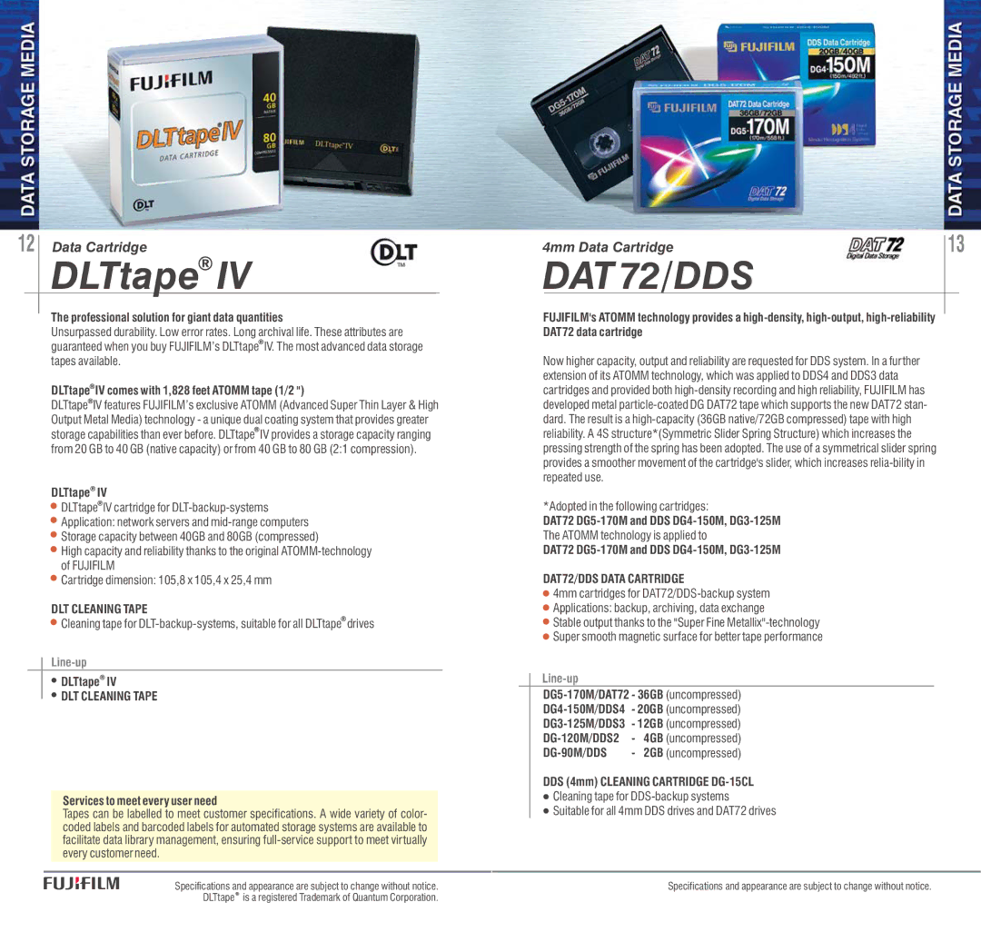 FujiFilm AVR-4802 manual DLTtape, DAT 72/DDS, DLT Cleaning Tape, DAT72/DDS Data Cartridge, DG-90M/DDS 