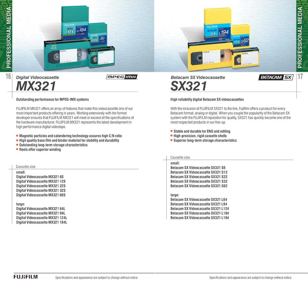 FujiFilm AVR-4802 manual Outstanding performance for MPEG-IMX systems, High reliability digital Betacam SX videocassettes 