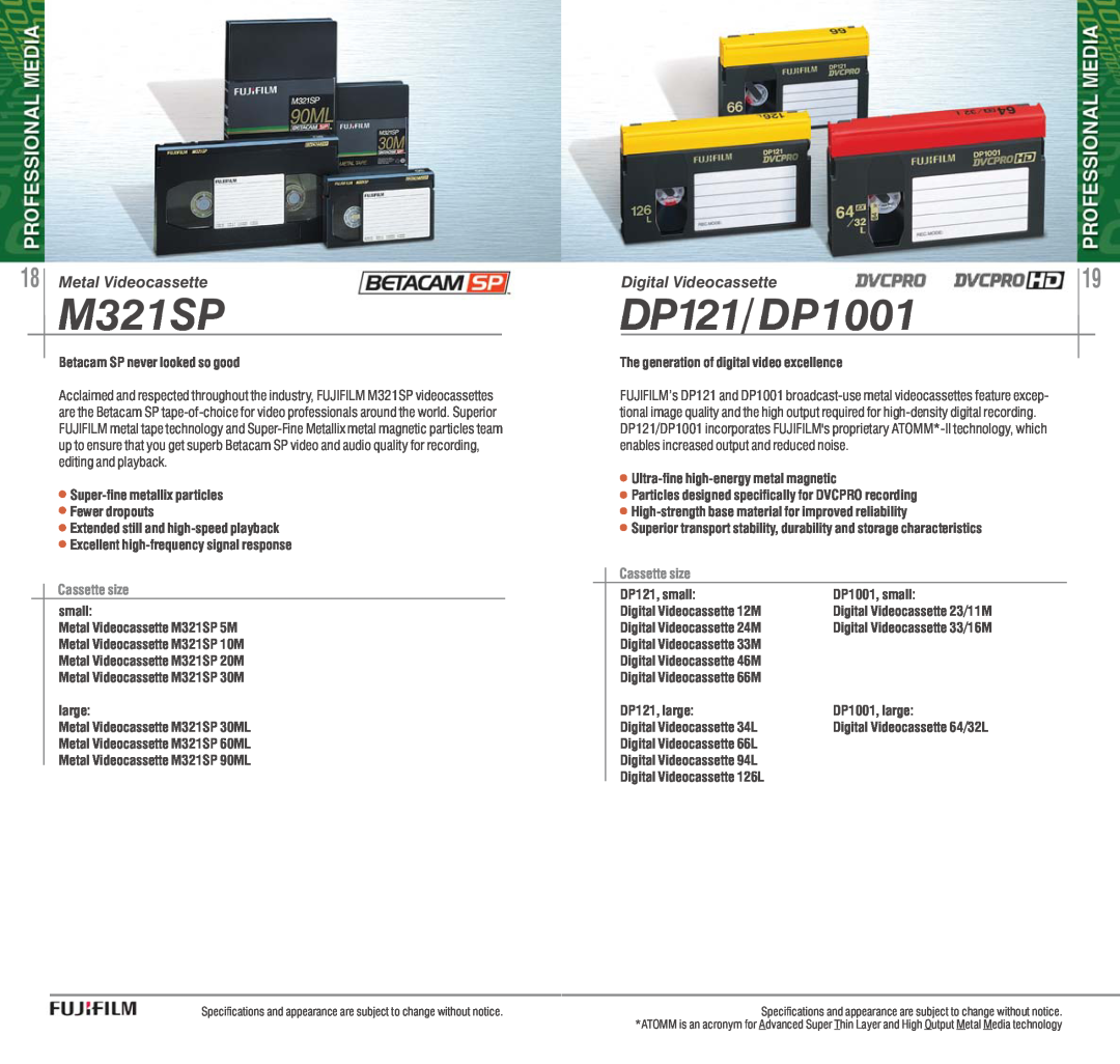 FujiFilm AVR-4802 manual M321SP, DP121/ DP1001, Metal Videocassette, Digital Videocassette, Cassette size 
