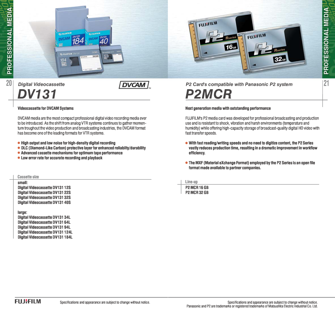 FujiFilm AVR-4802 manual DV131, P2MCR, Digital Videocassette, P2 Cards compatible with Panasonic P2 system, Cassette size 