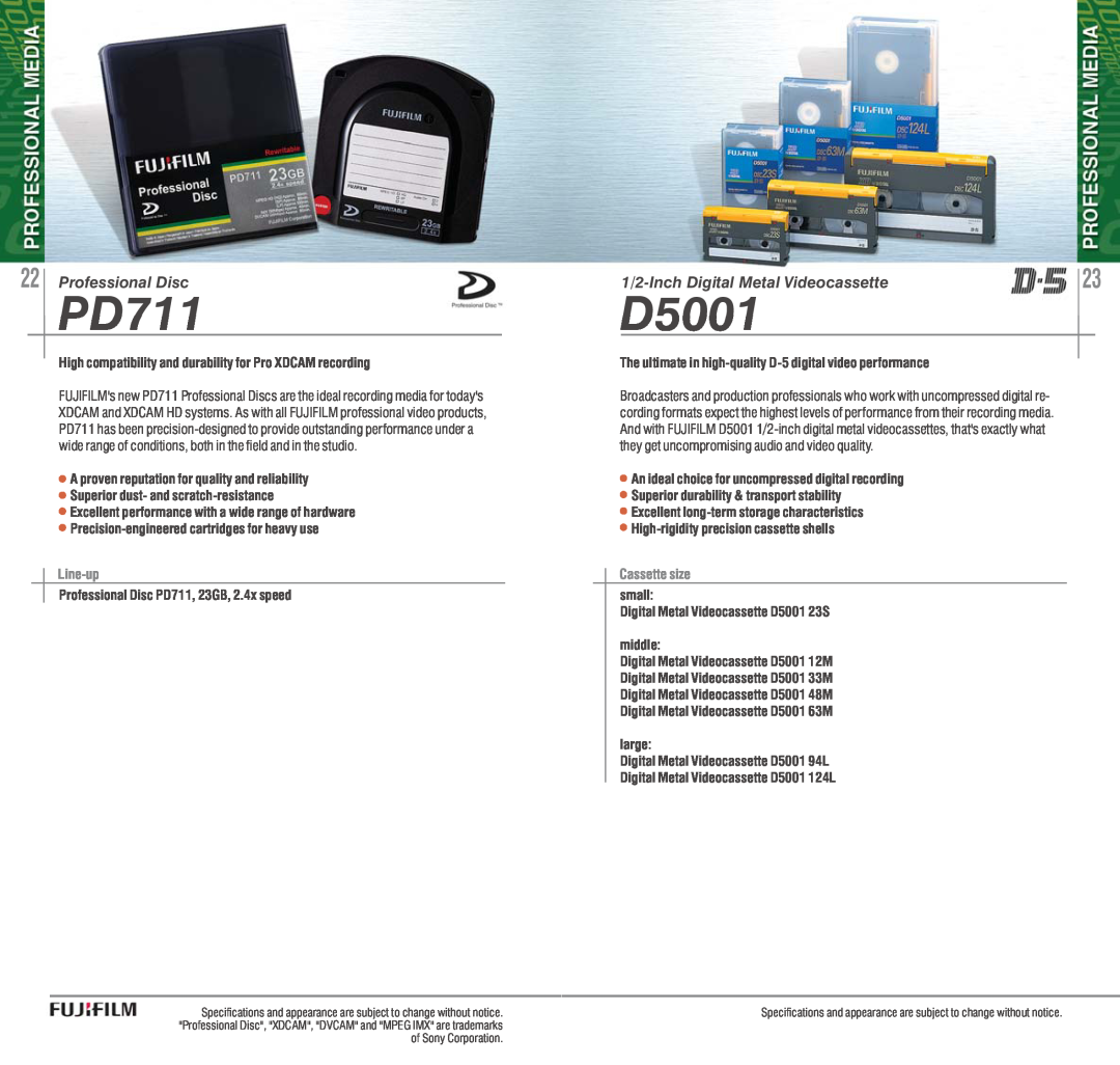 FujiFilm AVR-4802 manual PD711, D5001, Professional Disc, 1/2-Inch Digital Metal Videocassette, Line-up, Cassette size 