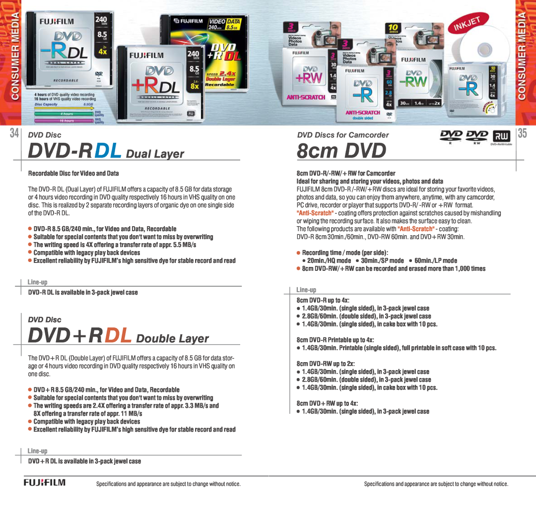 FujiFilm AVR-4802 manual 8cm DVD, DVD-RDL Dual Layer, DVD+RDL Double Layer, Line-up 