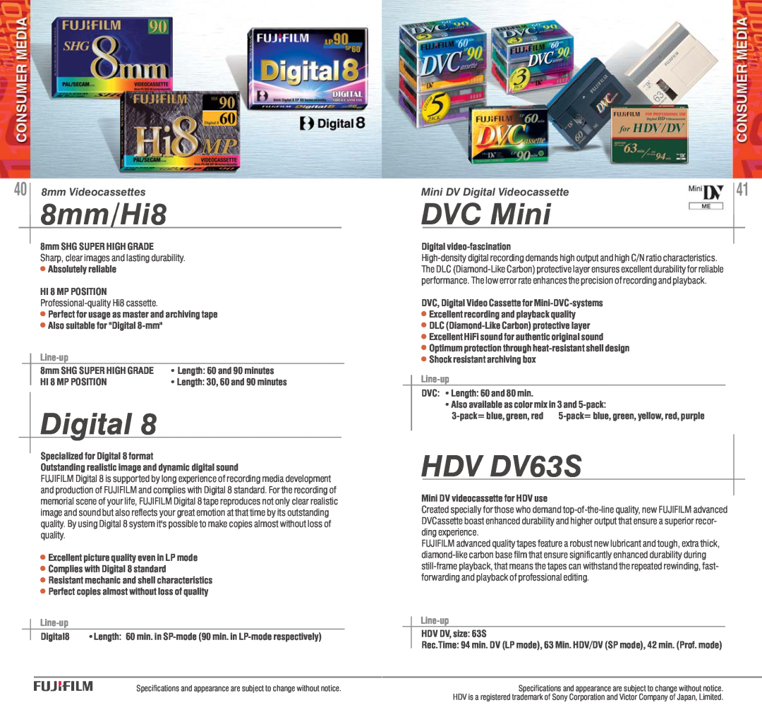 FujiFilm AVR-4802 manual 8mm/Hi8, Digital, DVC Mini, HDV DV63S, Line-up 