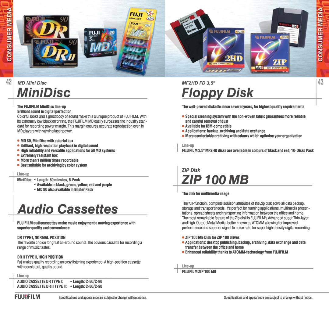 FujiFilm AVR-4802 manual MiniDisc, Audio Cassettes, Floppy Disk, ZIP 100 MB, Line-up 