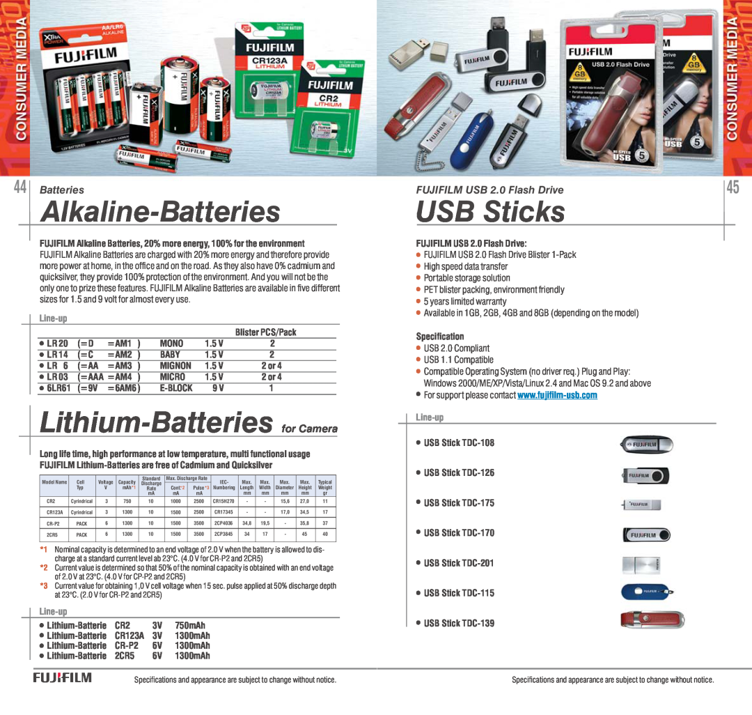 FujiFilm AVR-4802 manual Alkaline-Batteries, Lithium-Batteries for Camera, USB Sticks, Line-up 