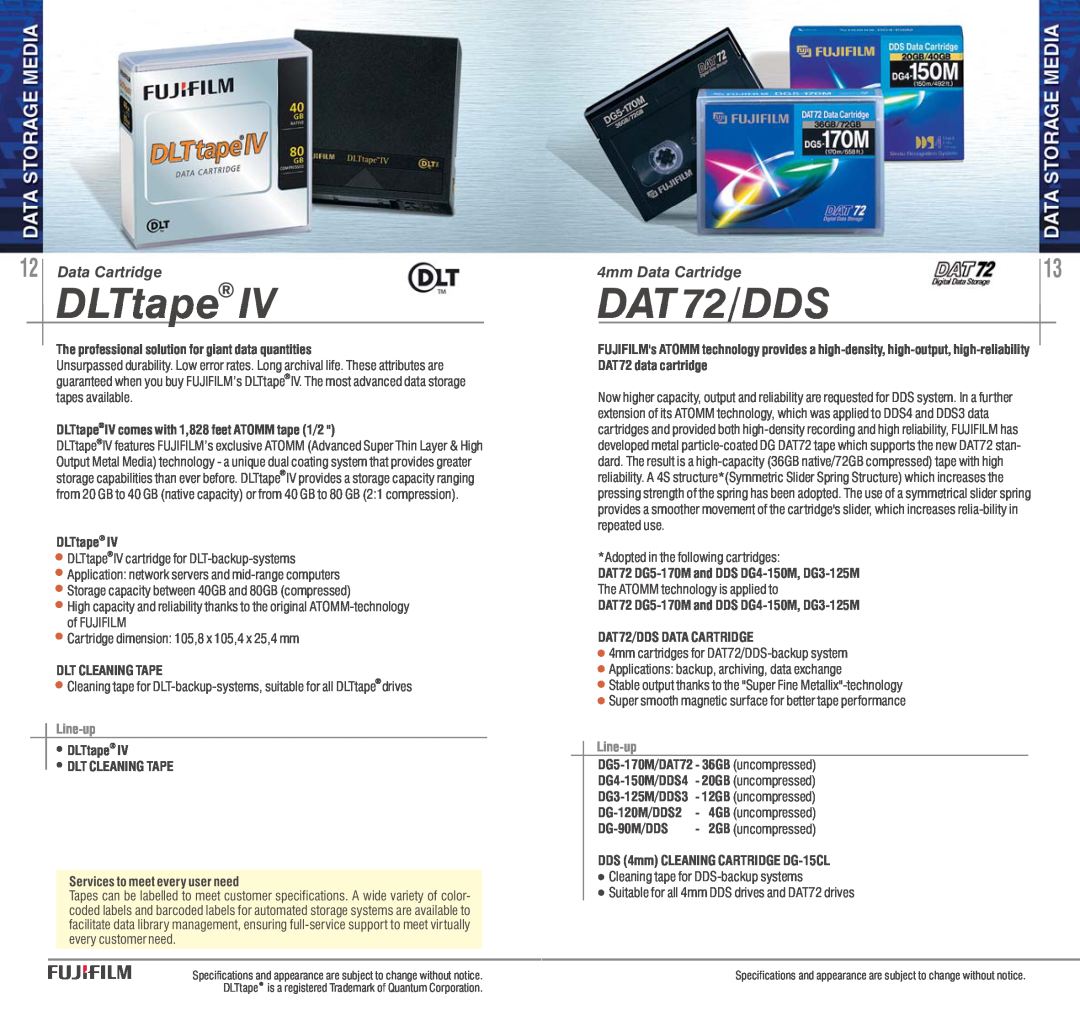 FujiFilm AVR-4802 manual DLTtape, DAT 72/DDS, 4mm Data Cartridge, Line-up 