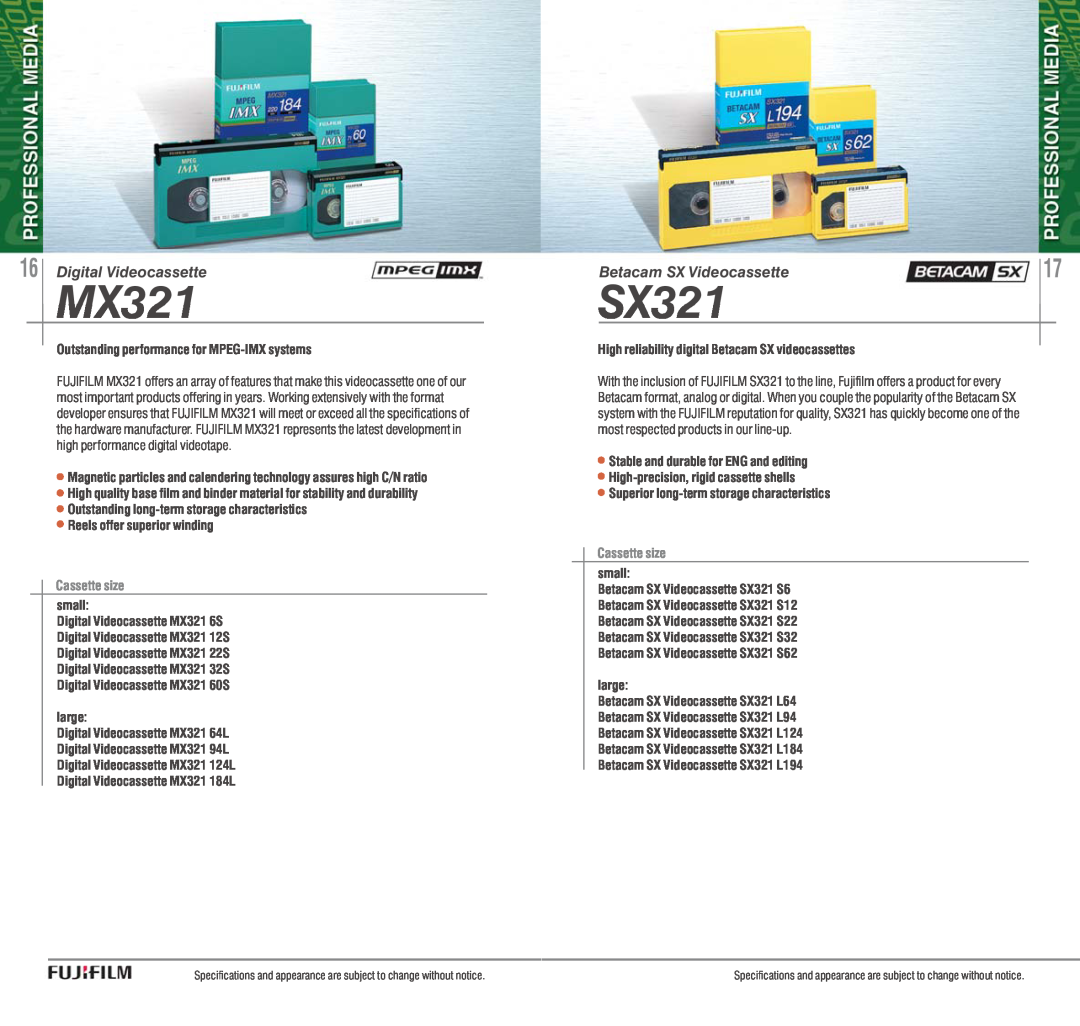 FujiFilm AVR-4802 manual MX321, SX321, Digital Videocassette, Betacam SX Videocassette, Cassette size 