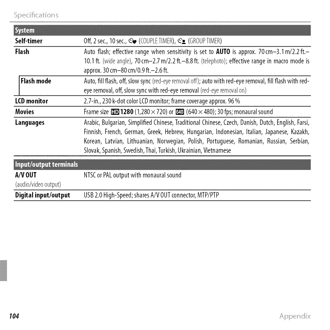 FujiFilm BLO1299-200 owner manual Self-timer, Flashmode, Languages, Digital inputloutput 