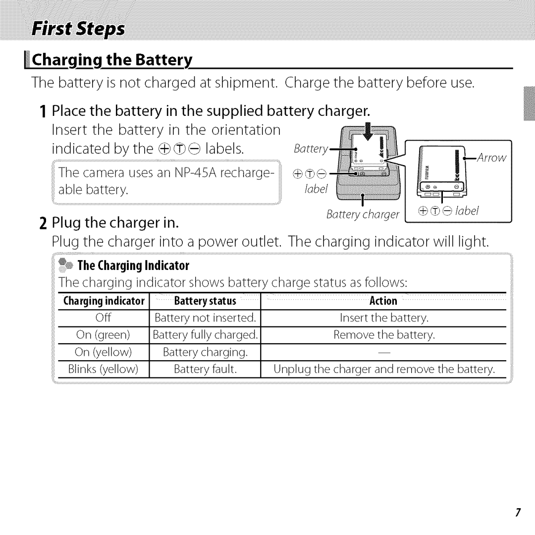 FujiFilm BLO1299-200 owner manual Ging the Battery, Battery status Action 