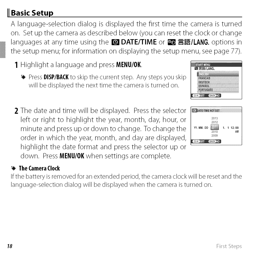 FujiFilm BLO1299-200 owner manual Basic Setup, TheCameraClock 