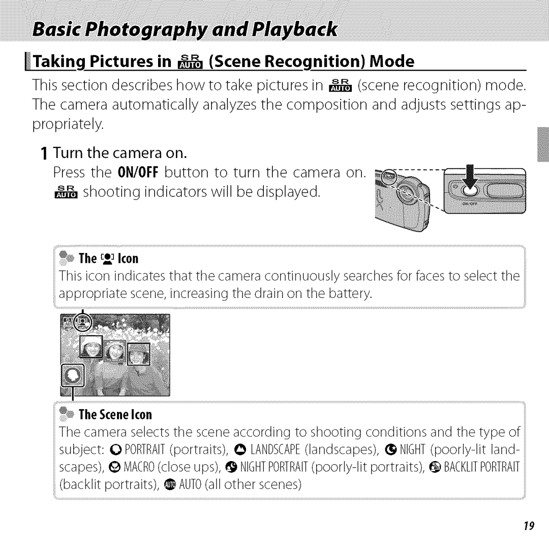 FujiFilm BLO1299-200 owner manual Pictures in r Scene Recoqnition Mode, MoIcon 