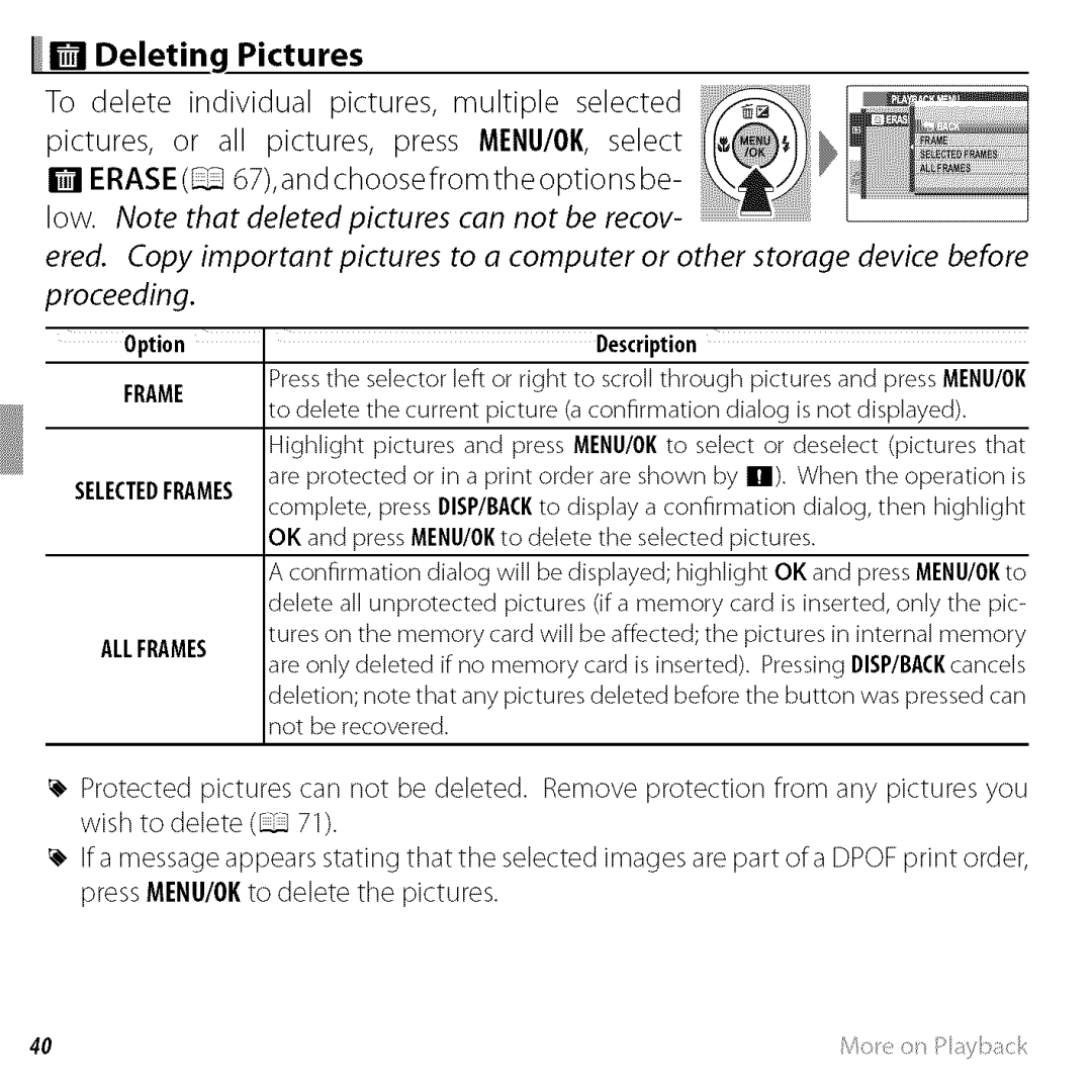 FujiFilm BLO1299-200 owner manual Deletinq Pictures, Press MENU/OK, MENU/OK to 