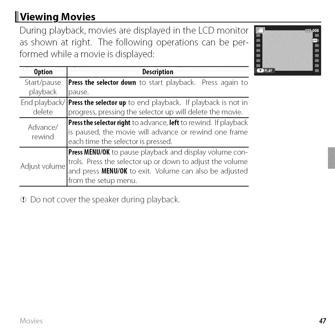 FujiFilm BLO1299-200 owner manual OptionDescription, Press the selector down to start playback 