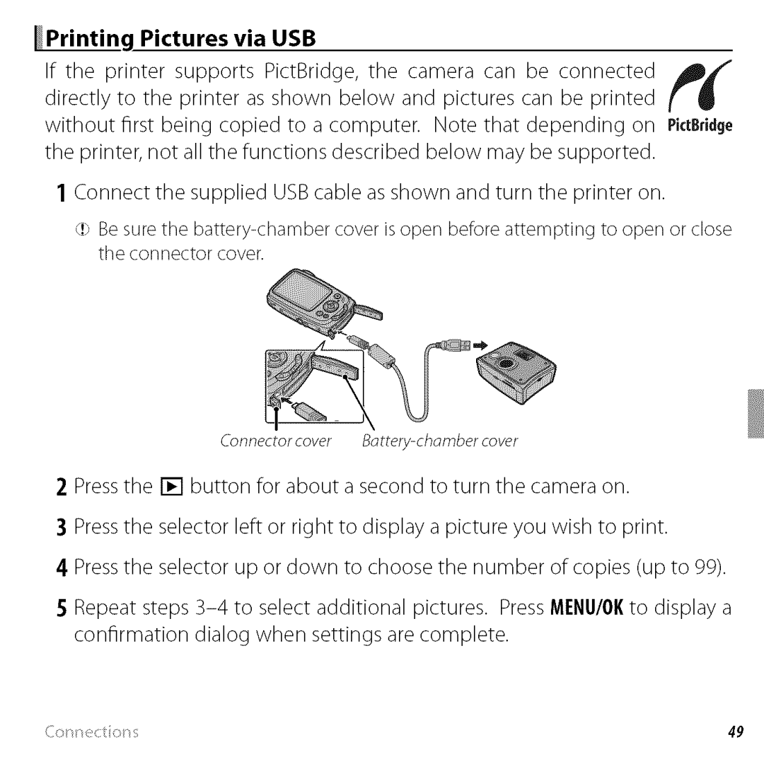 FujiFilm BLO1299-200 owner manual Printing Pictures via USB, PiclBridge 