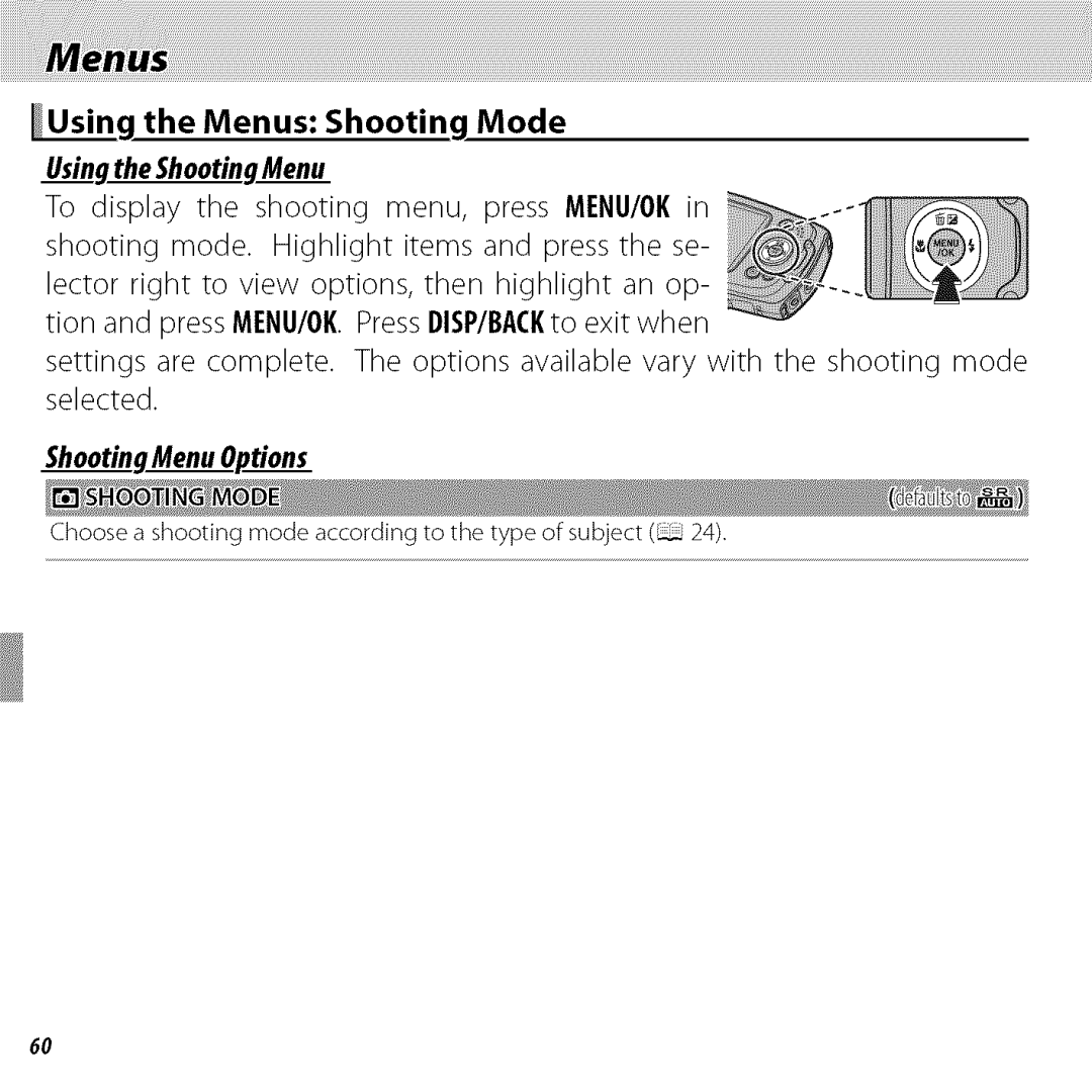 FujiFilm BLO1299-200 owner manual Menus Shooting. Mode, Usingthe ShootingMenu, ShootingMenuOptions 