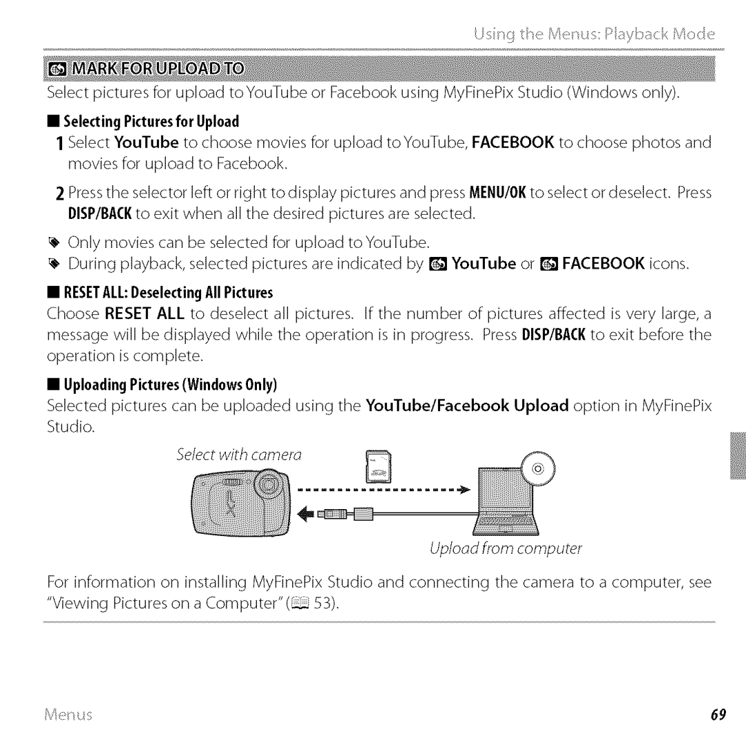 FujiFilm BLO1299-200 Selecting Picturesfor Upload, RESETALLDeselectingAll Pictures, Uploading PicturesWindows Only 