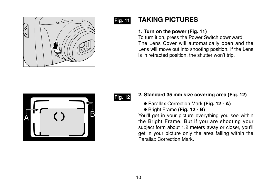 FujiFilm DL-290S owner manual Turn on the power Fig, Standard 35 mm size covering area Fig 