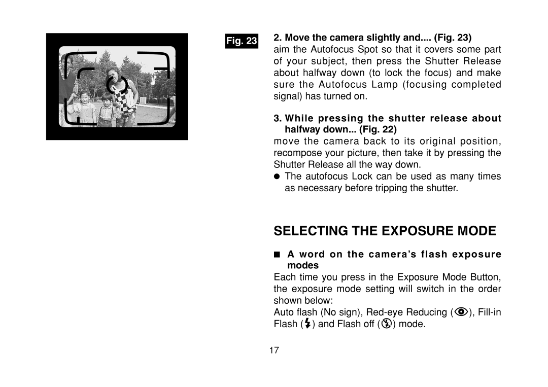 FujiFilm DL-290S owner manual Selecting the Exposure Mode, Move the camera slightly and.... Fig 