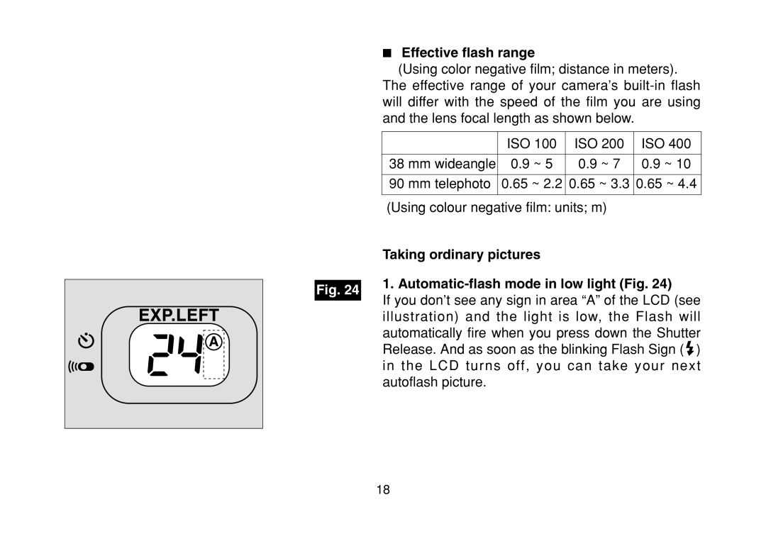 FujiFilm DL-290S owner manual Effective flash range, Taking ordinary pictures, Automatic-flash mode in low light Fig 