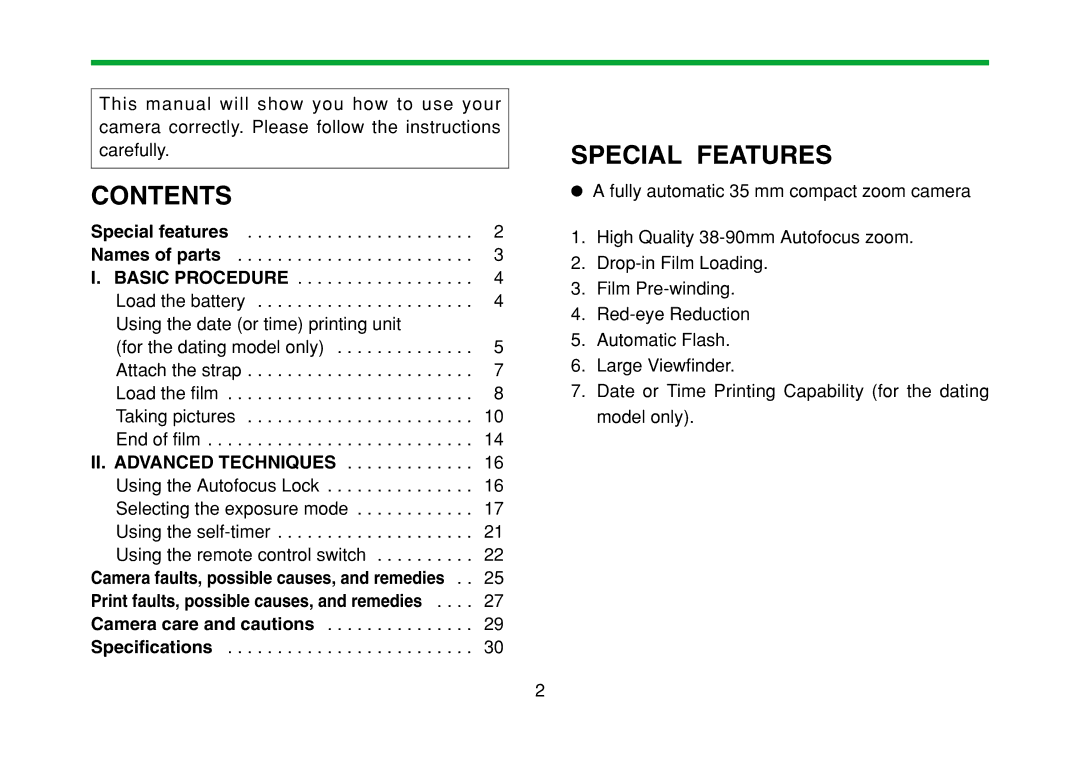 FujiFilm DL-290S owner manual Special Features, Contents 