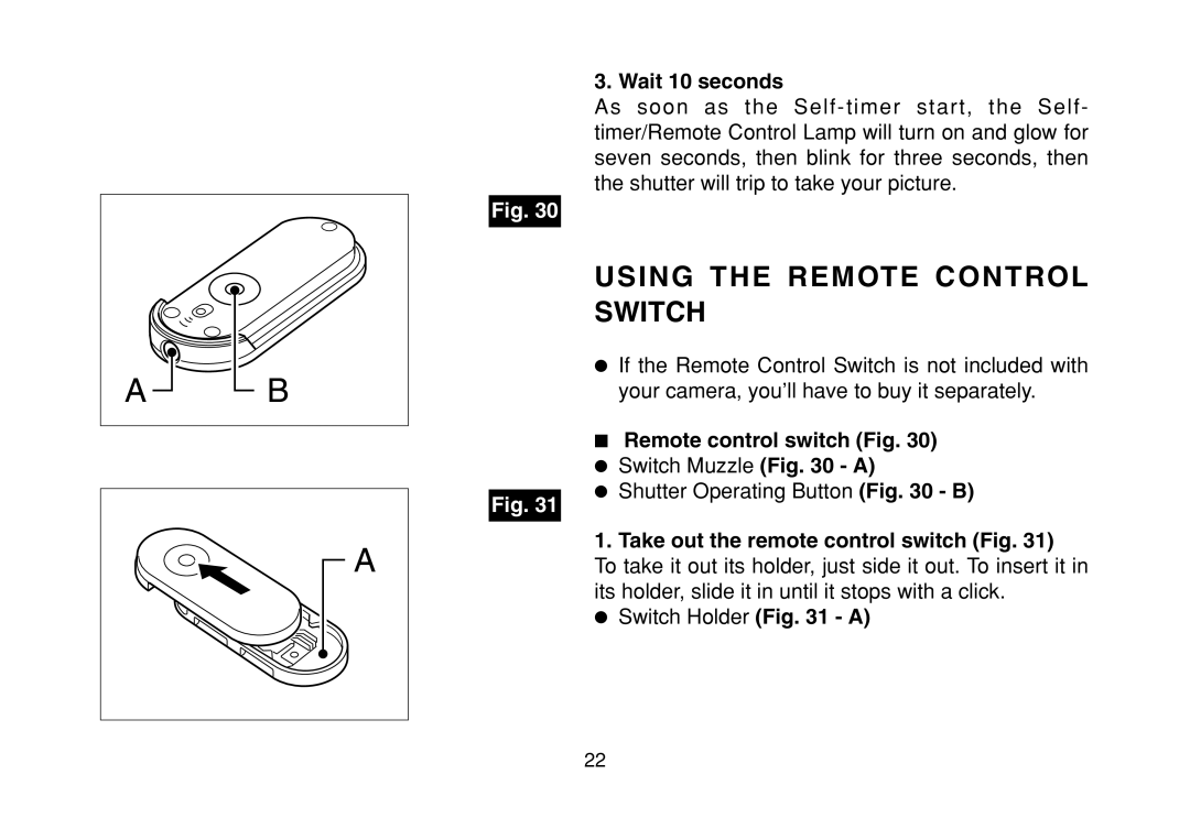 FujiFilm DL-290S owner manual Using the Remote Control Switch, Wait 10 seconds, Take out the remote control switch Fig 