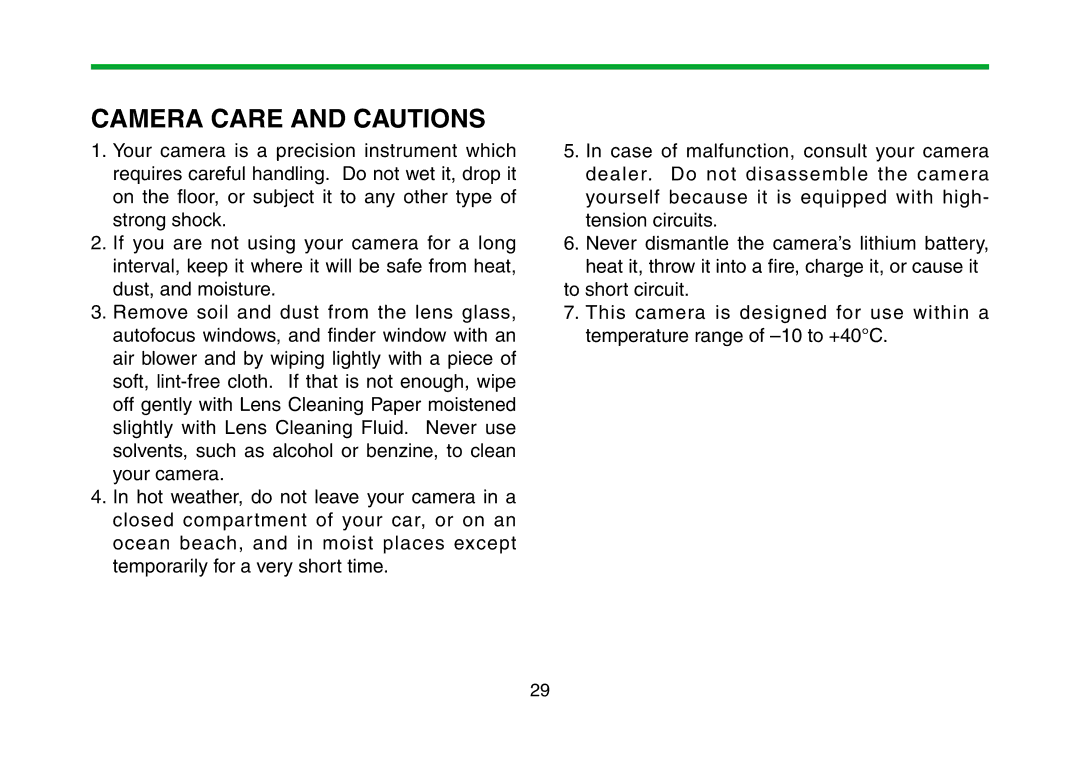 FujiFilm DL-290S owner manual Camera Care and Cautions 